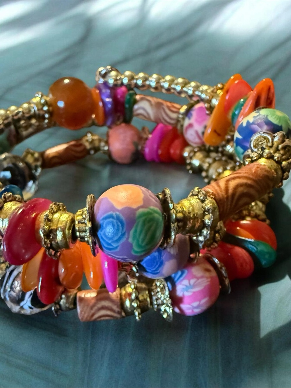 Colorful Floral Beaded Coil Memory Wire Bracelet - Picture 5 of 6
